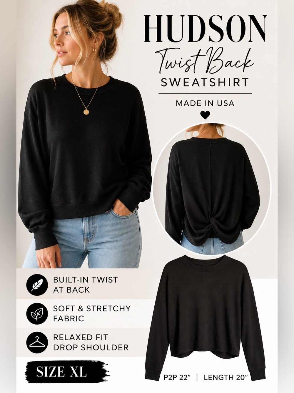 Hudson Black Twist Back Pullover Sweatshirt XL Made in USA
